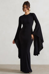 Black Waterfall Sleeve Maxi Dress